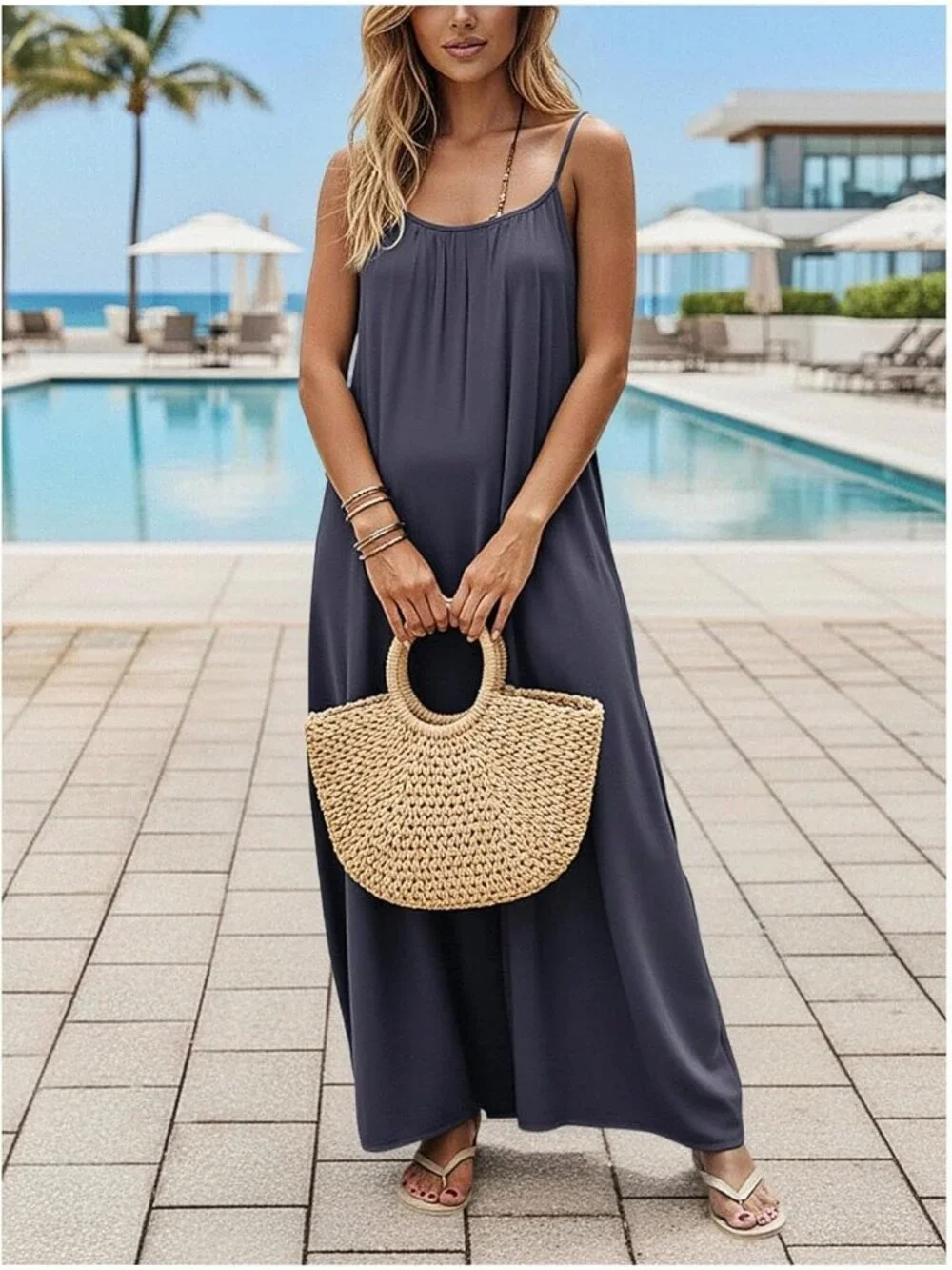 Women's Open Back Spaghetti Strap Beach Maxi Dress Dark Grey Flowy Sundress - Picture 3 of 5